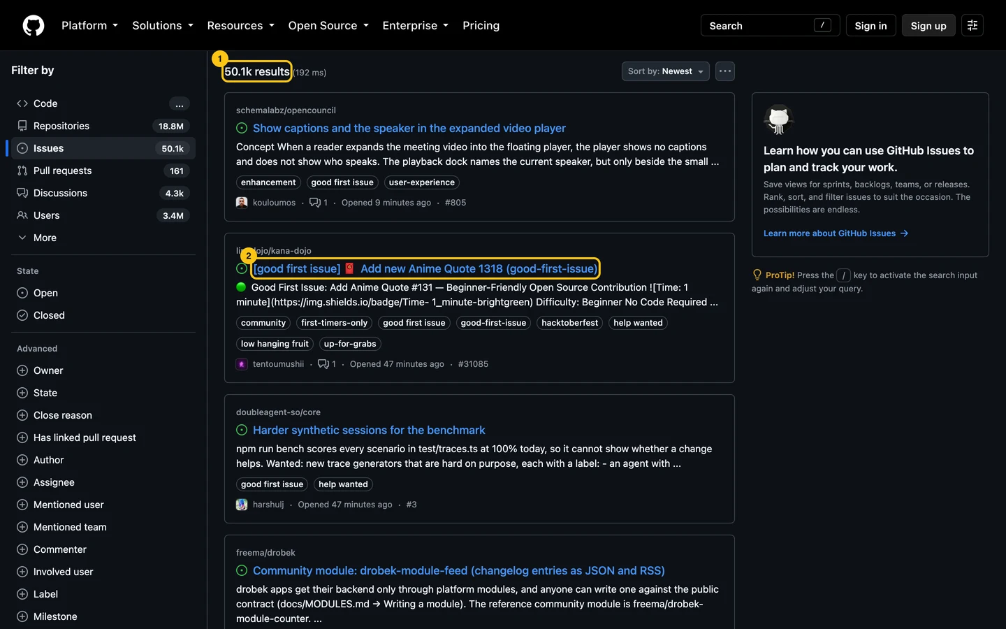 GitHub search for good first issues in TypeScript: 50.1k results, the second an 'add a quote' issue with six beginner labels.